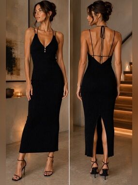 NWT TORN BY RONNY KOBO Ingrid Metallic Black Knit Midi Dress Size M